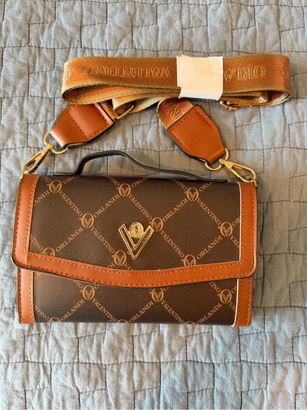 Valentino Orlandi Brown and Tan Logo crossbody with Gold Hardware